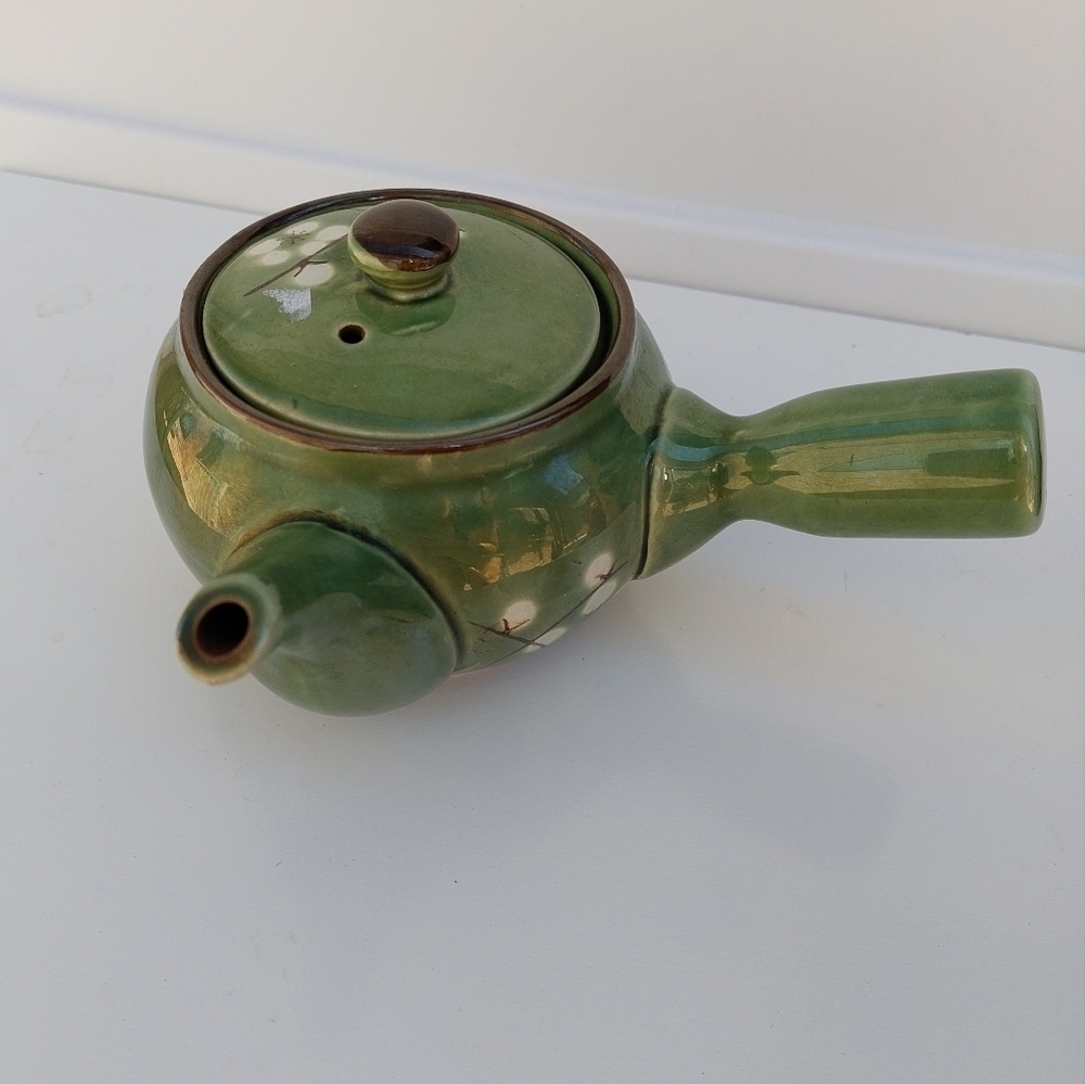 Miso Pottery Asian Japan Green with White Cherry Blossoms Side Spout Tea Pot - Picture 8 of 11
